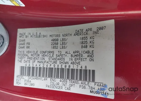 2008 Mitsubishi Eclipse Gs from USA, damaged, VIN 4A3AK24F98E001748